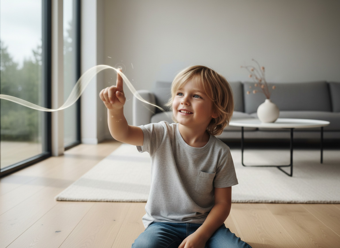 A child tracing a letter in the air with their finger