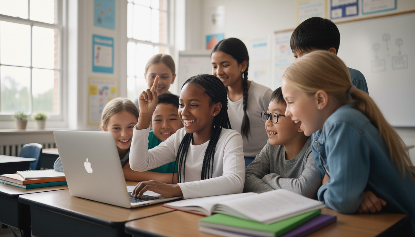 Children using Draw in the Air together in a classroom